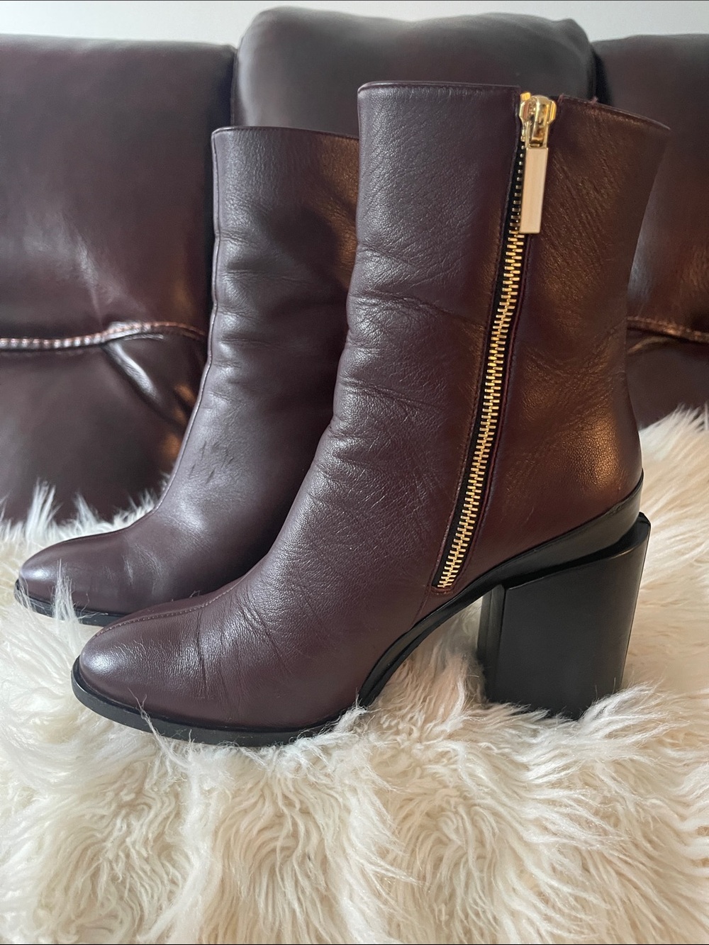 Dear Frances Wine Leather Block Heel Zip Ankle Boots